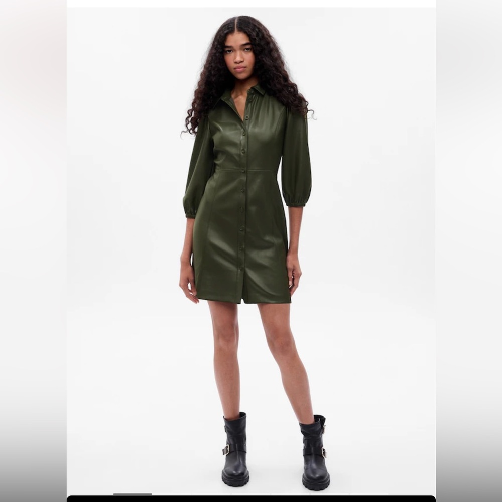Deep Green Puff Sleeve Leather Mini Dress. Brand new with tags.